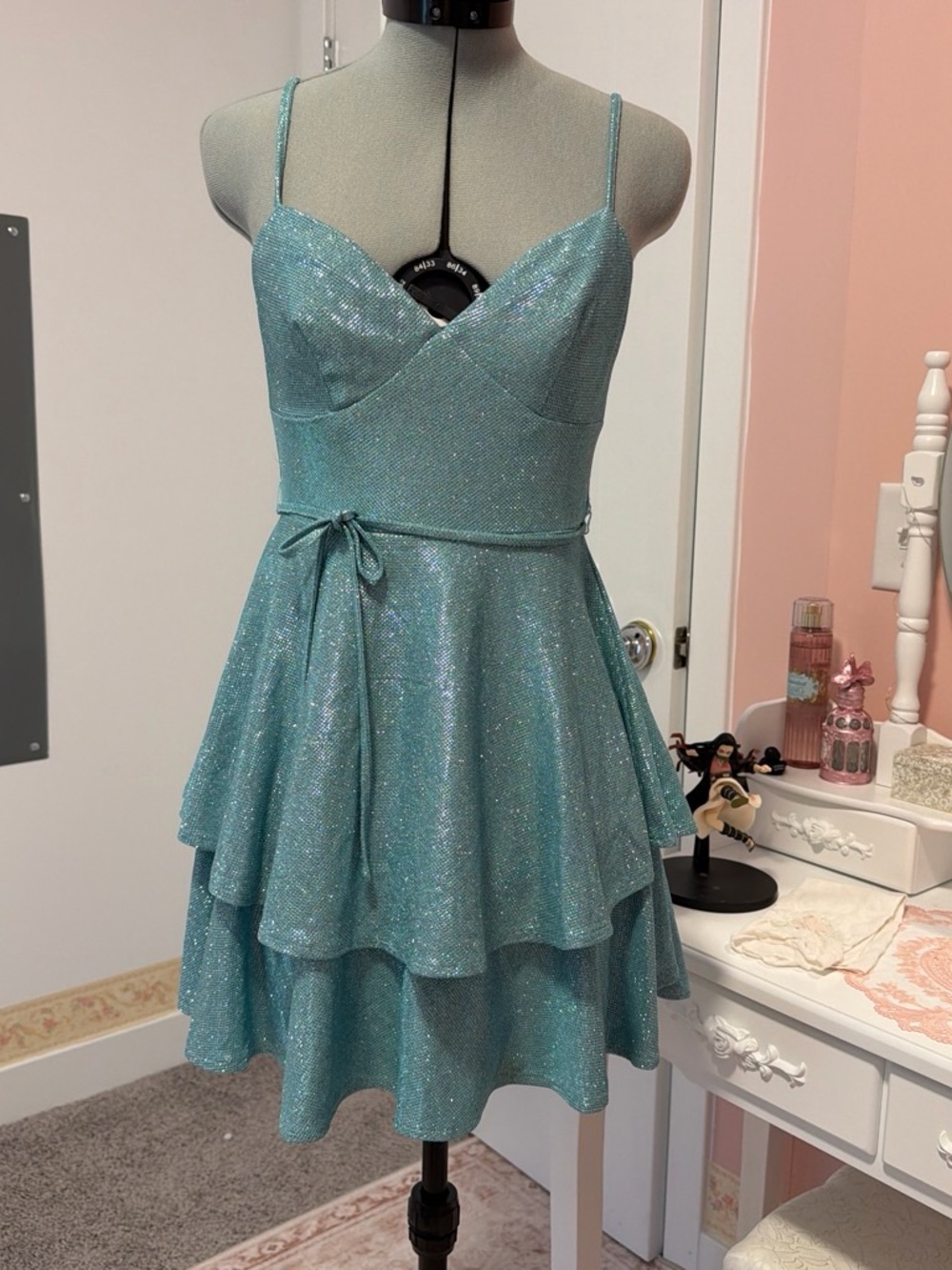 B Darlin Sparkling Teal Tiered Spaghetti Strap Dress